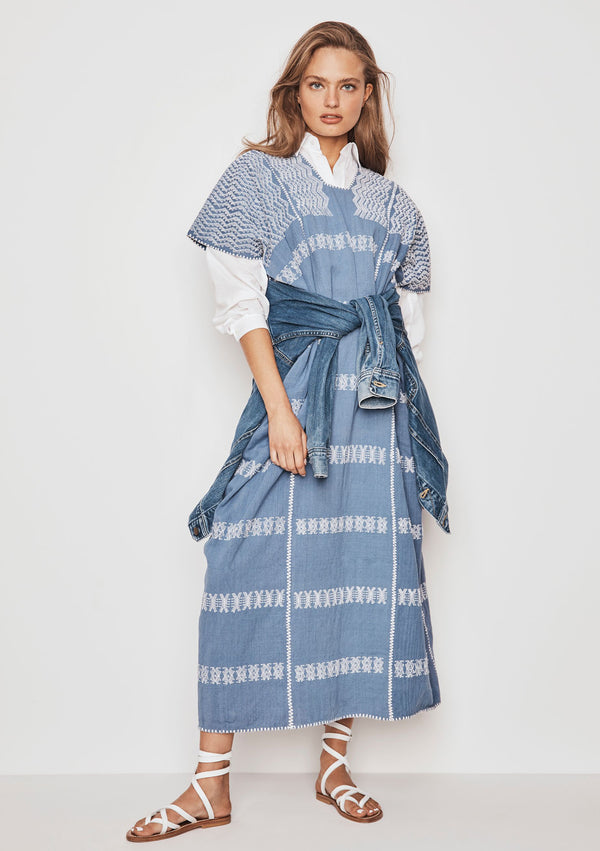 pippa holt Kaftan No.175 Three panel maxi kaftan in "denim" with white design