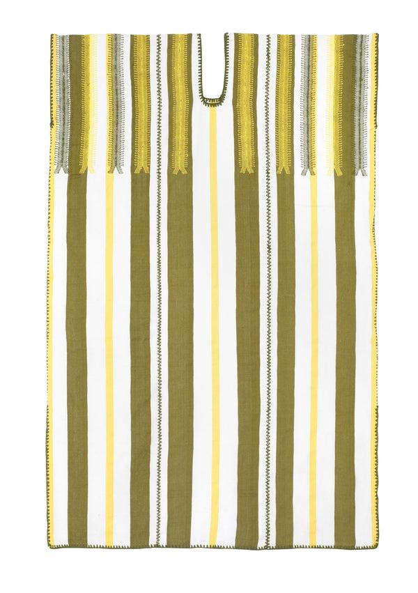 Pippa Holt Kaftan No.177 Three Panel Midi Kaftan In White Khaki Yellow Stripes With Yellow Design