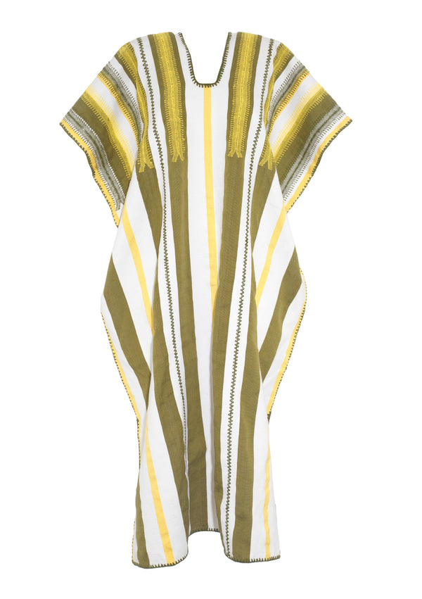 Pippa Holt Kaftan No.177 Three Panel Midi Kaftan In White Khaki Yellow Stripes With Yellow Design