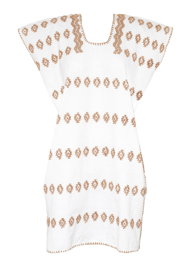 Pippa Holt Kaftan No.178 Single Panel Mini Kaftan In White With Beige Design