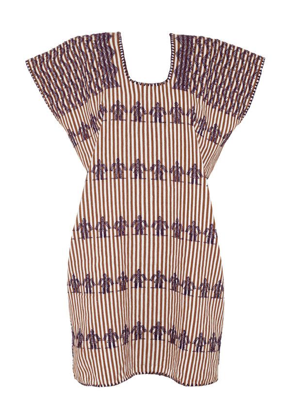 Pippa Holt Kaftan No.180 Snigle Panel Supermini Kaftan In Tobacco And White Stripe With People Motif Design