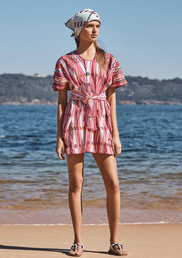pippa holt Kaftan No.181 Three panel mini kaftan in thick pink and white stripe with multicoloured design