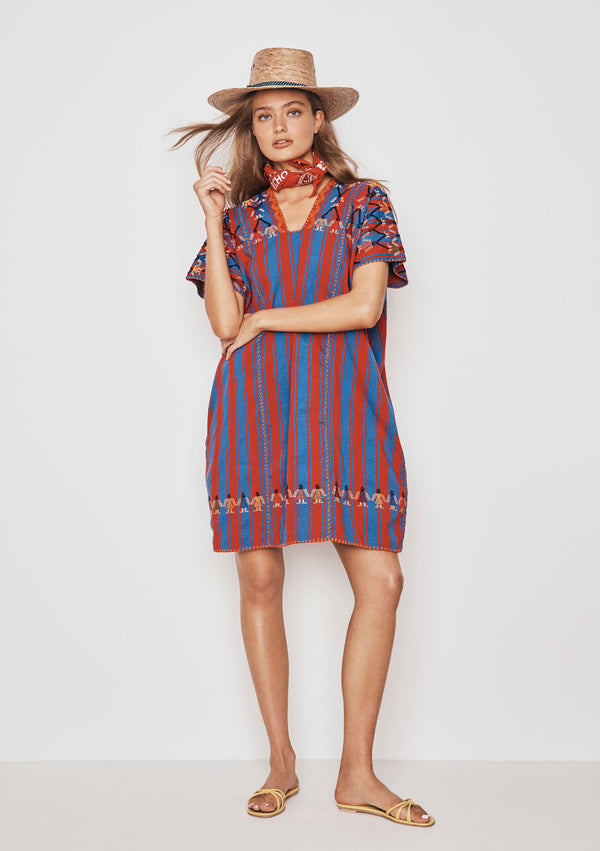 pippa holt Kaftan No.184 Three panel mini kaftan in blue and dark red stripe with mustard design