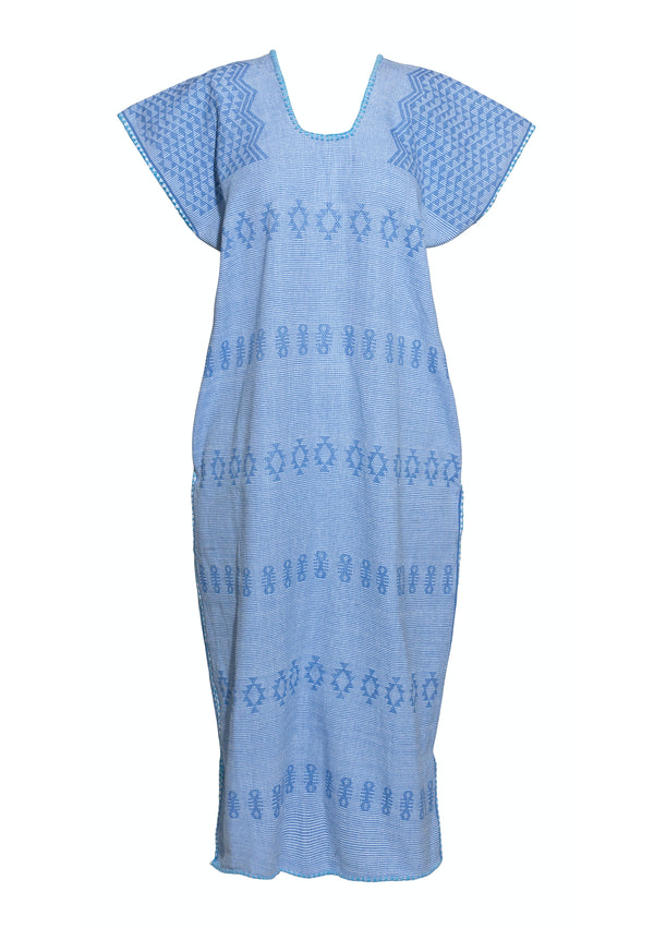 Pippa Holt Kaftan No.186 Single Panel Midi Kafan In Azure Blue With Embroidered Motif