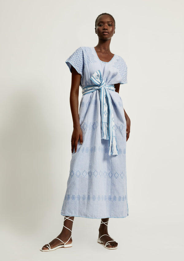 pippa holt Kaftan No.186 Single panel midi kafan in azure blue with embroidered motif
