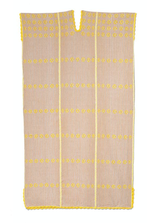 Pippa Holt Kaftan No.191 Three Panel Maxi Kaftan In Brown And White Stripe With Yellow Design