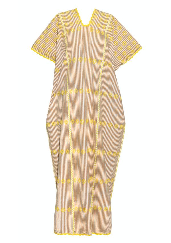 Pippa Holt Kaftan No.191 Three Panel Maxi Kaftan In Brown And White Stripe With Yellow Design