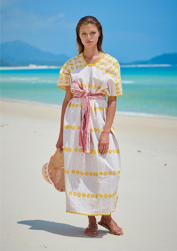 pippa holt Kaftan No.191 Three panel maxi kaftan in brown and white stripe with yellow design