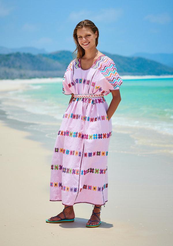 pippa holt Kaftan No.195 Three panel maxi kaftan in pink with multicoloured design