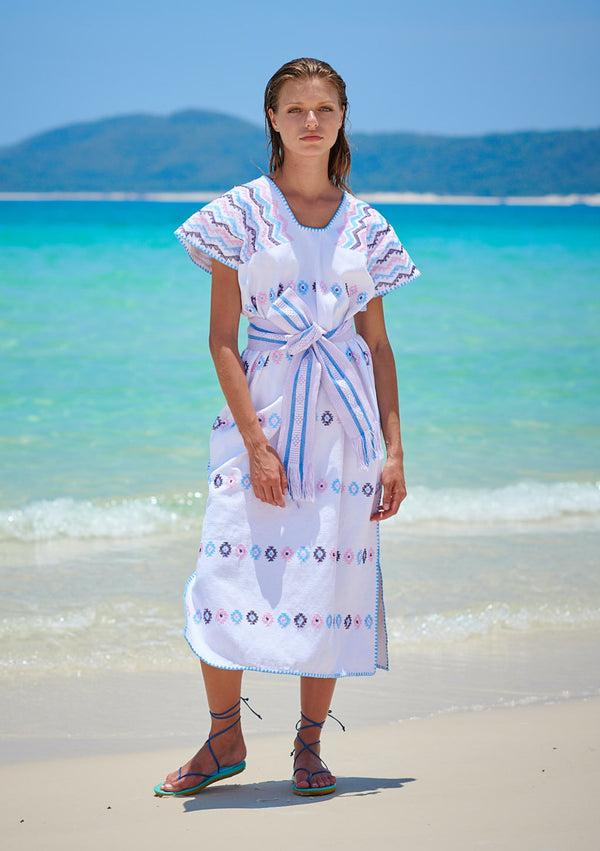 pippa holt Kaftan No.199 Single panel midi kaftan in white with blue design