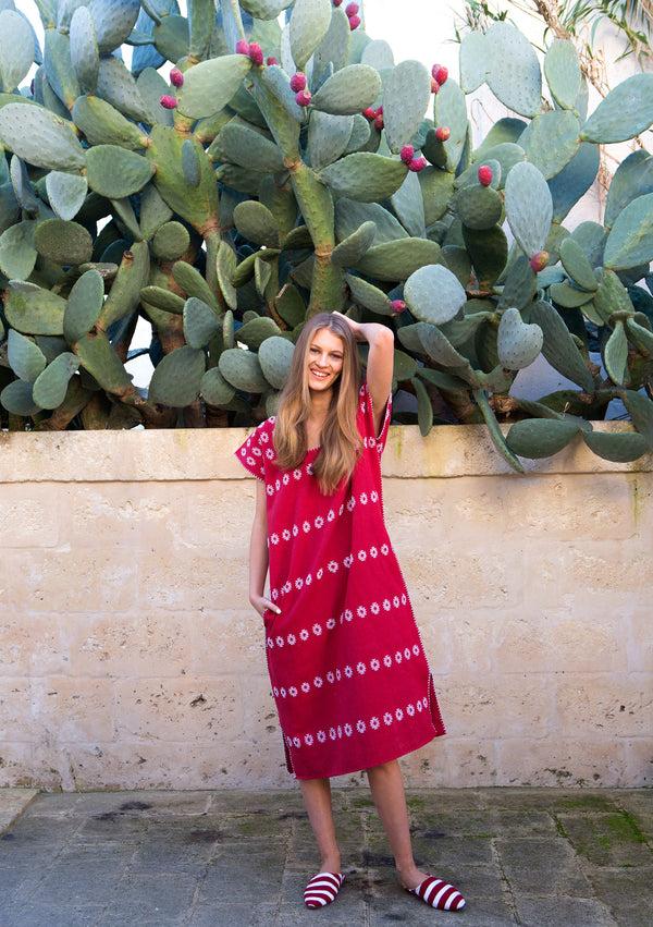 pippa holt Kaftan No.2 Single panel midi kaftan in red with white design