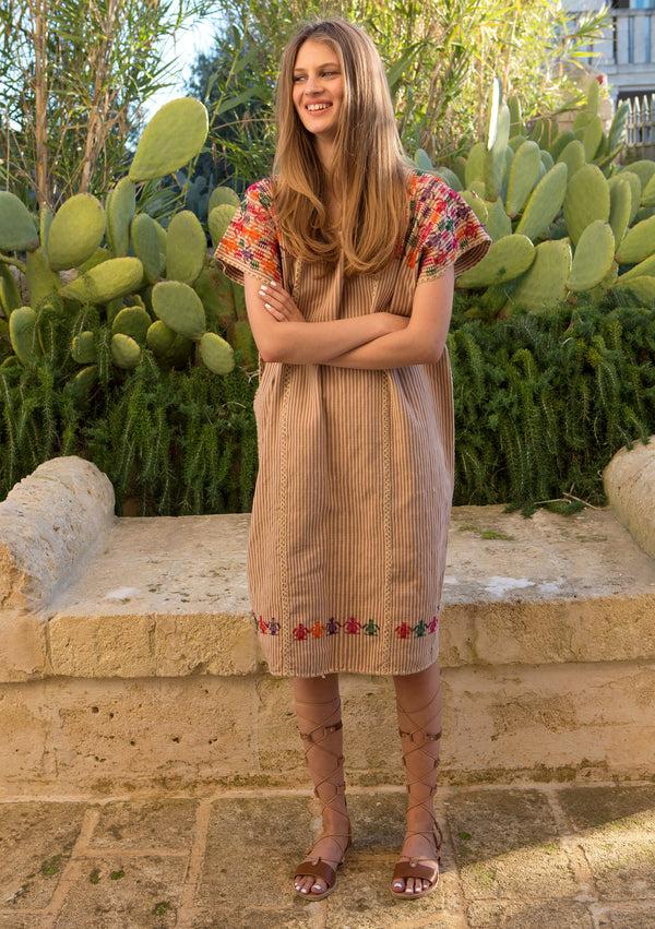 pippa holt Kaftan No.20 Three panel mini kaftan in beige with multi coloured motifs