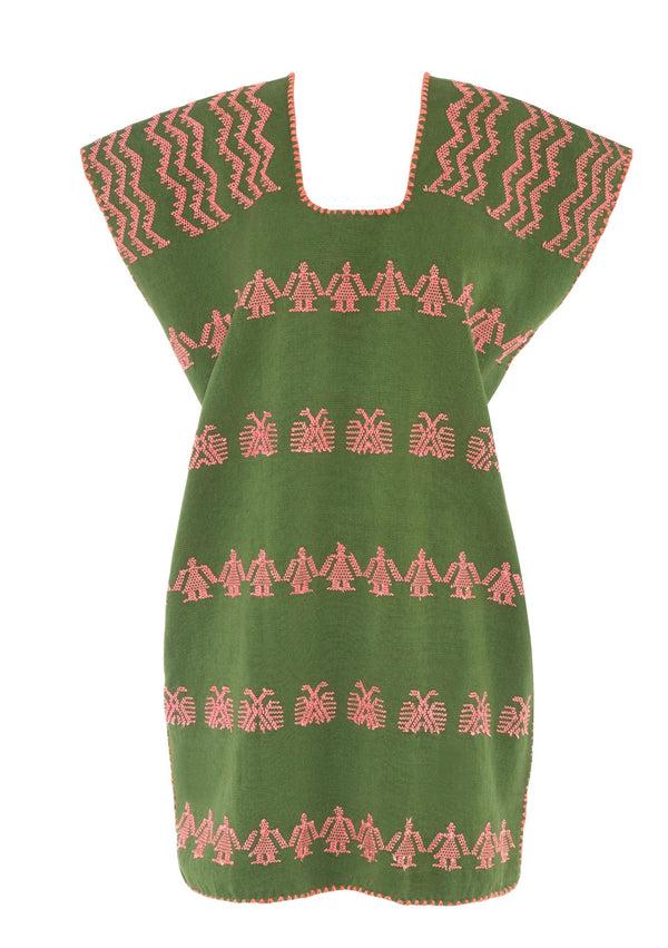 Pippa Holt Kaftan No.205 Single Panel Mini Kaftan In Khaki With Pink Design