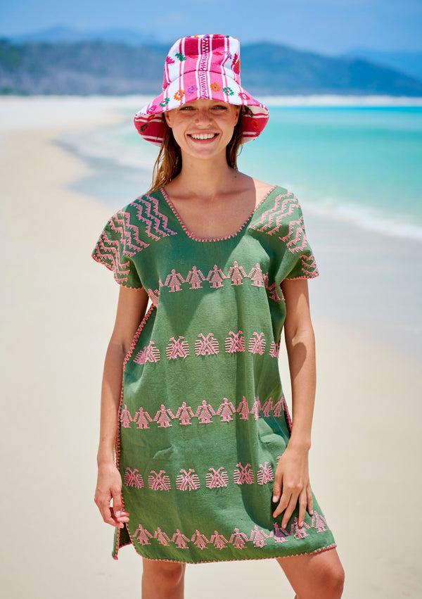 pippa holt Kaftan No.205 Single panel mini kaftan in khaki with pink design
