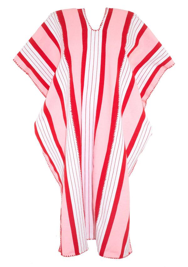 Pippa Holt Kaftan No.208 Three Panel Midi Kaftan In White Pink And Red Stripes Design