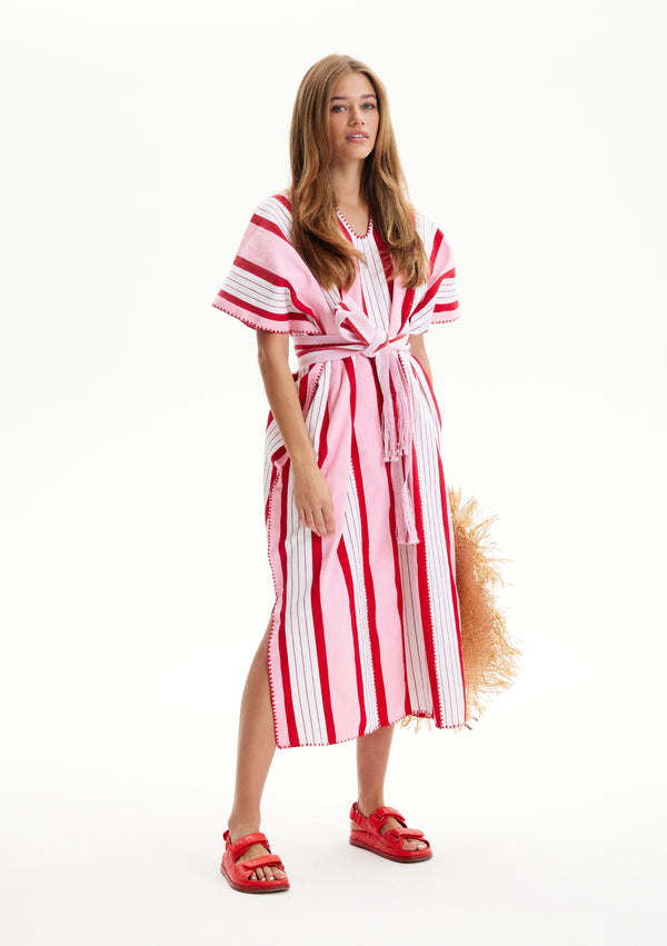 pippa holt Kaftan No.208 Three panel midi kaftan in white pink and red stripes design