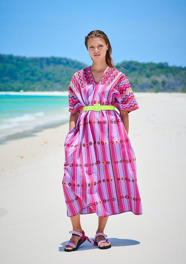 pippa holt Kaftan No.210 Three panel midi kaftan in thick light pink and purple stripe with multicoloured design
