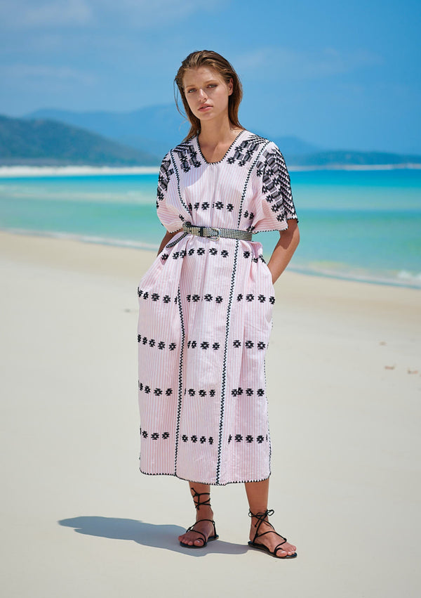 pippa holt Kaftan No.213 Three panel midi kaftan in blush pink and white stripe with black design