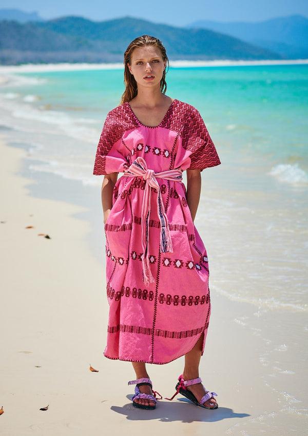 pippa holt Kaftan No.215 Three panel midi kaftan in watermelon with burgundy design