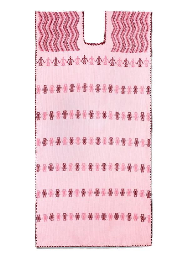 Pippa Holt Kaftan No.217 Single Panel Midi Kaftan In White And Light Pink Stripe With Pink And Burgundy Motif