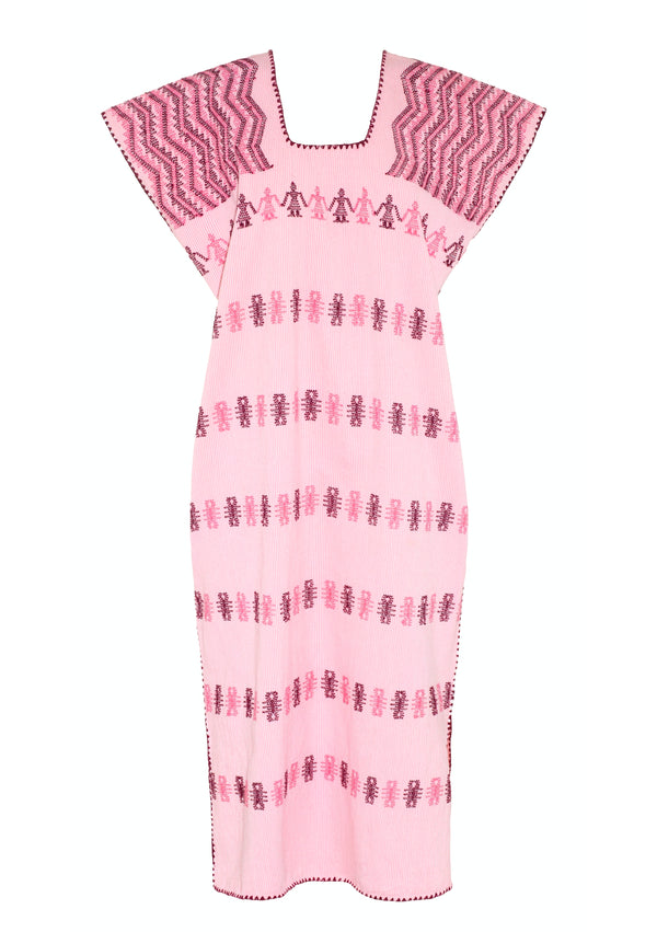 Pippa Holt Kaftan No.217 Single Panel Midi Kaftan In White And Light Pink Stripe With Pink And Burgundy Motif