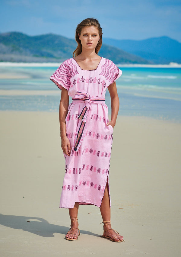 pippa holt Kaftan No.217 Single panel midi kaftan in white and light pink stripe with pink and burgundy motif