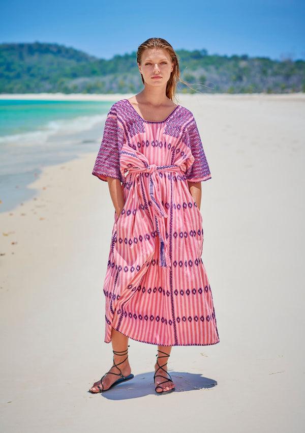 pippa holt Kaftan No.220 Three panel midi kaftan in pink and light pink stripe with purple design