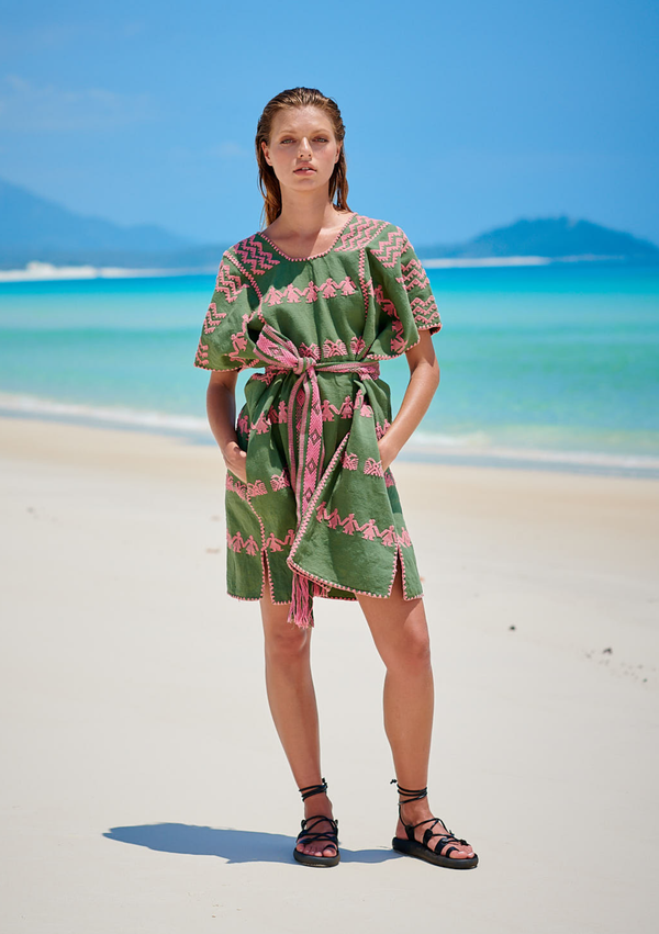 pippa holt Kaftan No.221 Three panel mini kaftan in khaki with pink design