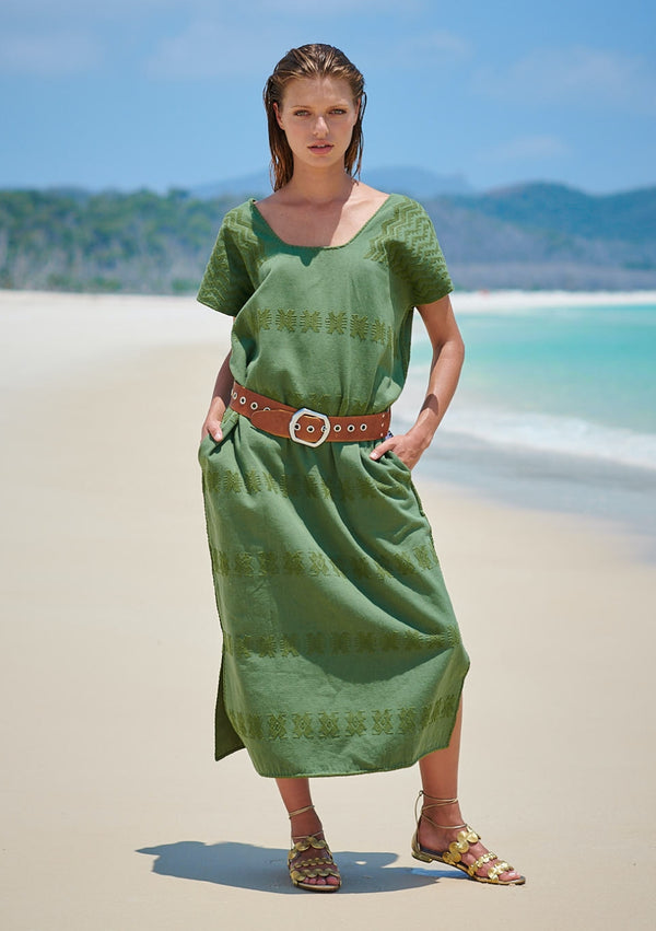 pippa holt Kaftan No.227 Single panel midi kaftan in khaki with green design