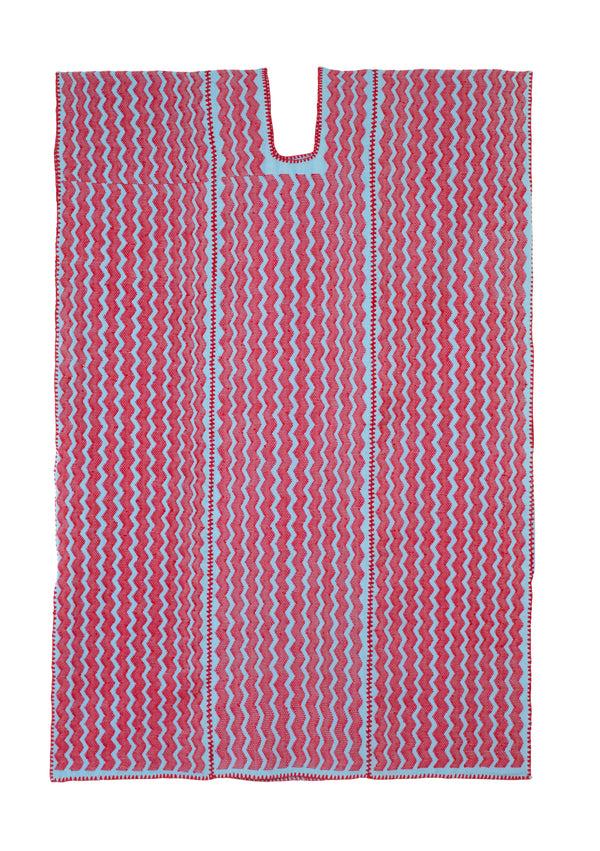 Pippa Holt Kaftan No.228 Three Panel Midi Kaftan In Baby Blue With Intricate Red Design