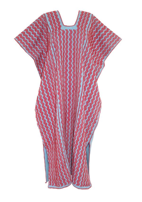Pippa Holt Kaftan No.228 Three Panel Midi Kaftan In Baby Blue With Intricate Red Design