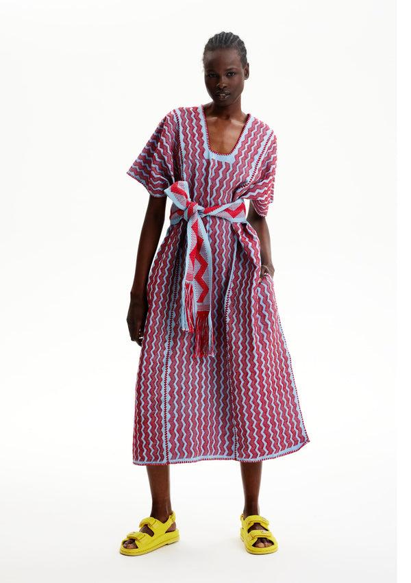 pippa holt Kaftan No.228 Three panel midi kaftan in baby blue with intricate red design