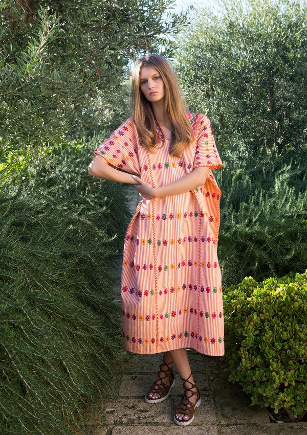 pippa holt Kaftan No.23 Three panel midi kaftan in orange and white stripe with multicoloured design
