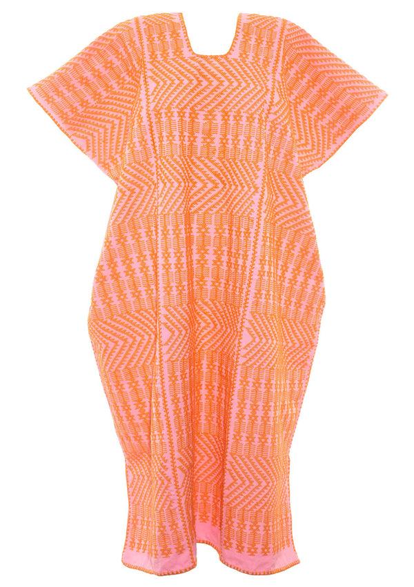 Pippa Holt Kaftan No.230 Three Panel Midi Kaftan In Pink With Intricate Orange Design