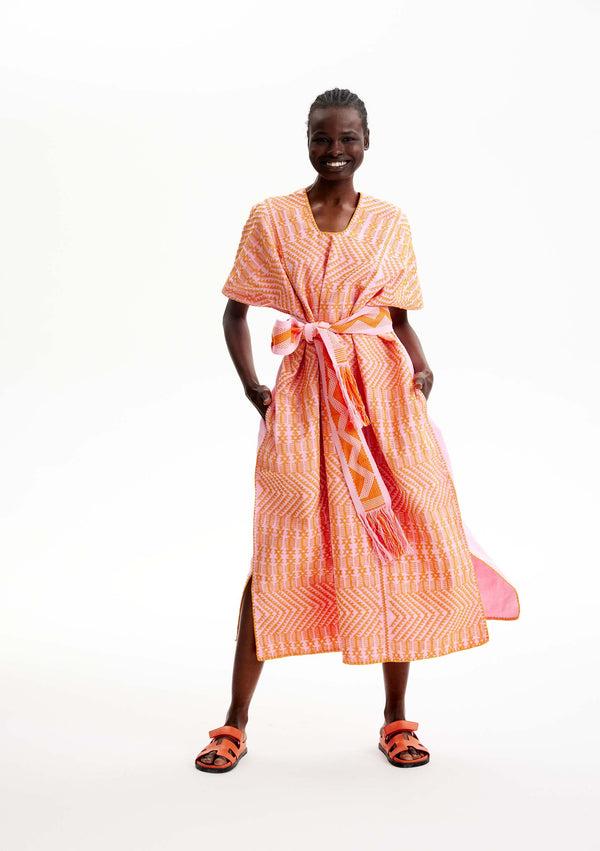 pippa holt Kaftan No.230 Three panel midi kaftan in pink with intricate orange design