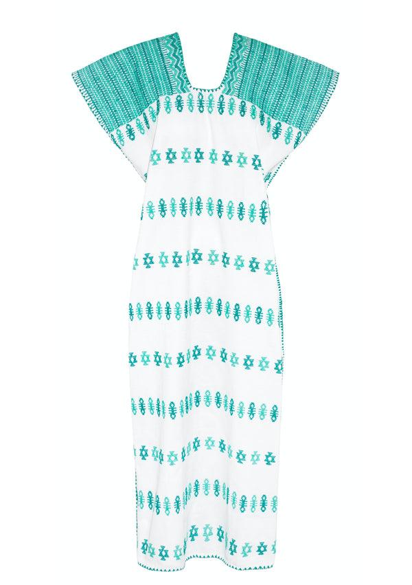 Pippa Holt Kaftan No.235 Single Panel Midi Kaftan In White With Green Design