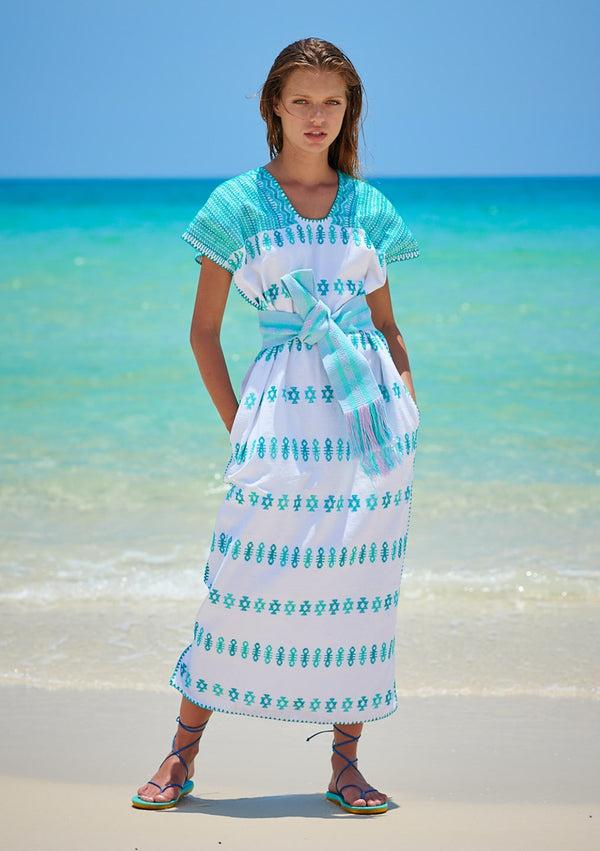 pippa holt Kaftan No.235 Single panel midi kaftan in white with green design