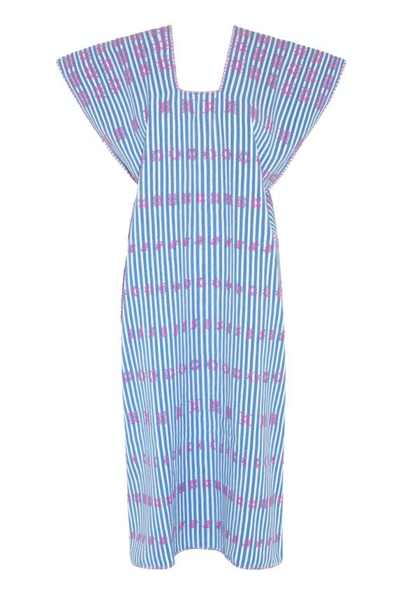Pippa Holt Kaftan No.236 Single Panel Midi Kaftan In White And Blue Stripe With 'musk' Pink Design
