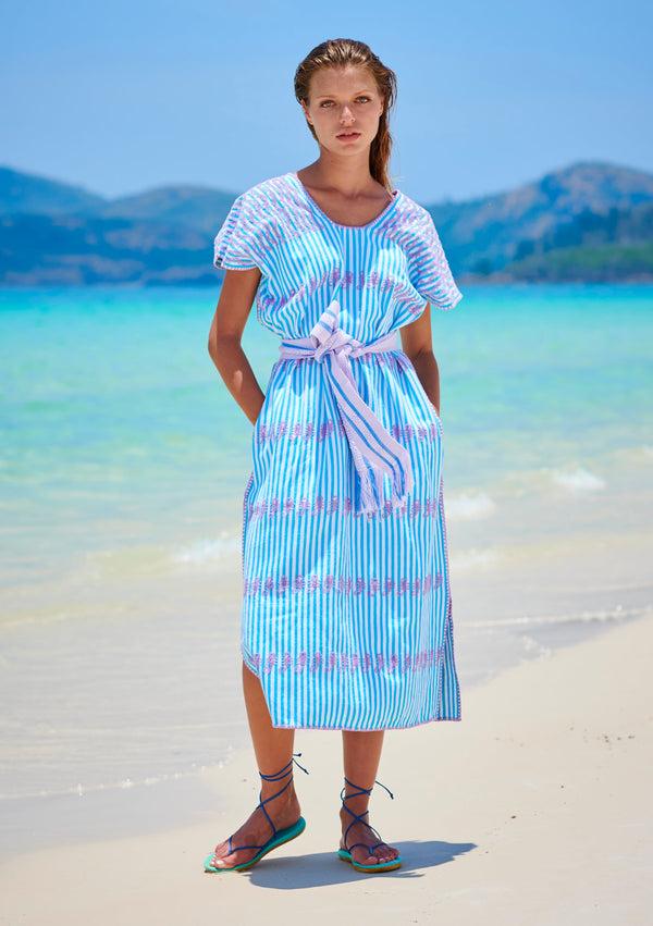 pippa holt Kaftan No.236 Single panel midi kaftan in white and blue stripe with 'musk' pink design