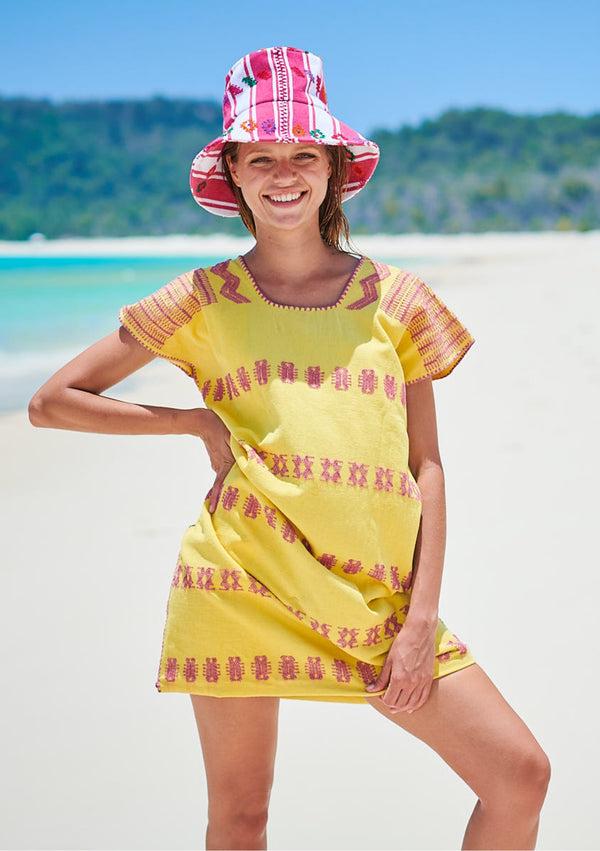pippa holt Kaftan No.239 Single panel mini kaftan in yellow with pink design