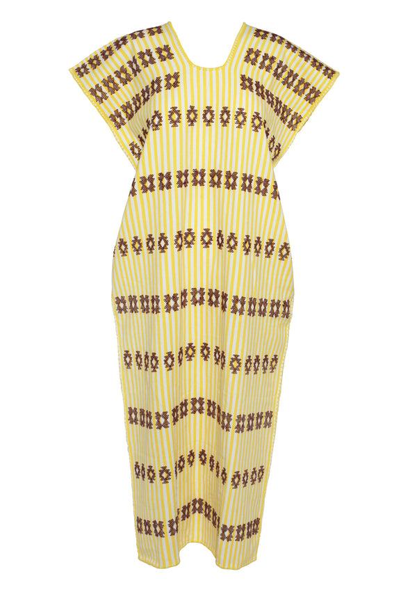 Pippa Holt Kaftan No.243 Single Panel Midi Kaftan In Yellow And White Stripe With Burgundy Design