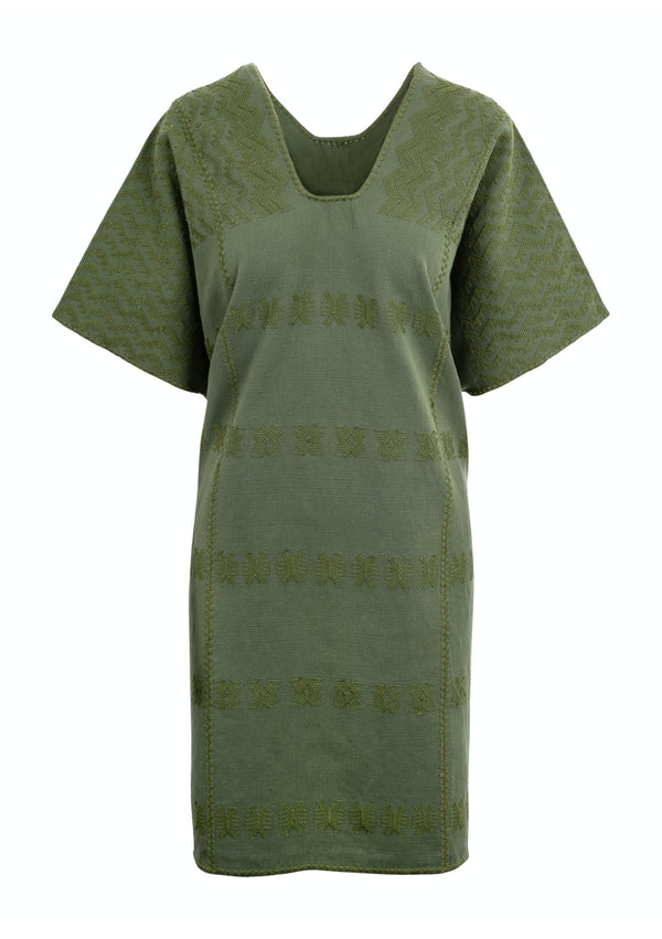 Pippa Holt Kaftan No.244 Three Panel Mini Kaftan In Khaki With Green Design