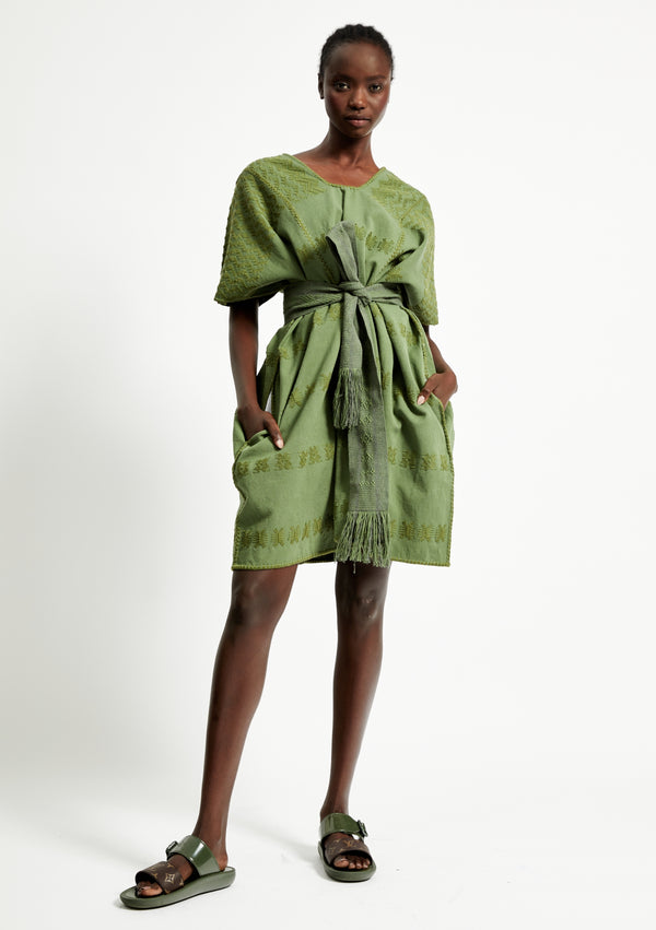 pippa holt Kaftan No.244 Three panel mini kaftan in khaki with green design