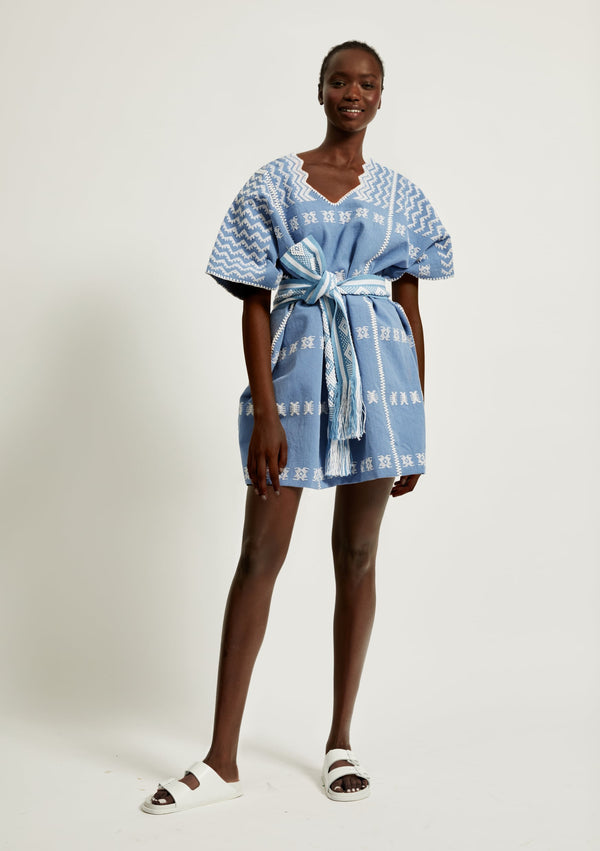 pippa holt Kaftan No.245 Three panel 'supermini' kaftan in "denim" with white design