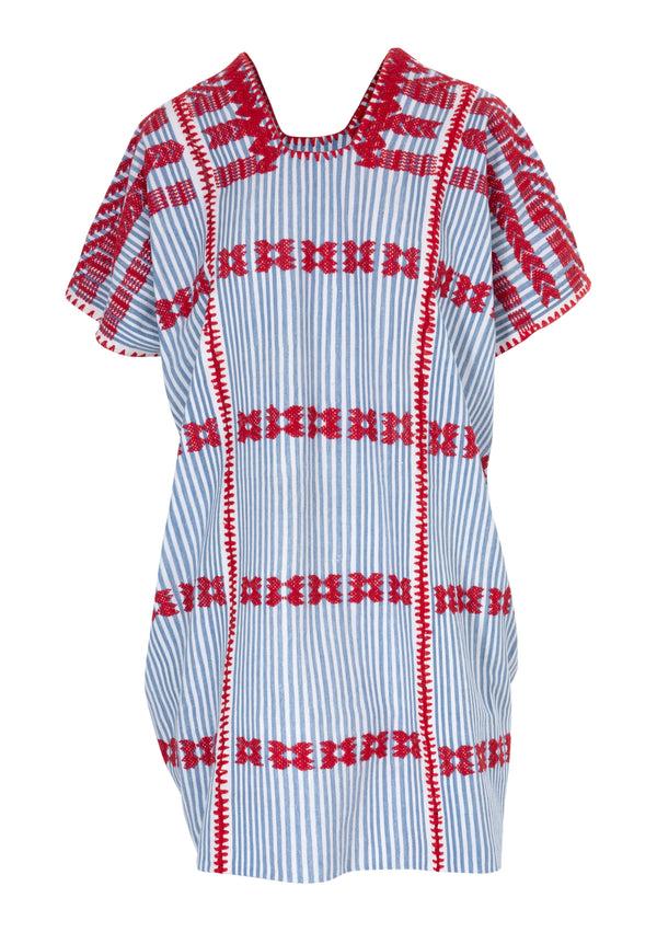 Pippa Holt Kaftan No.248 Three Panel Mini Kaftan In White And Blue Stripe With Red Design