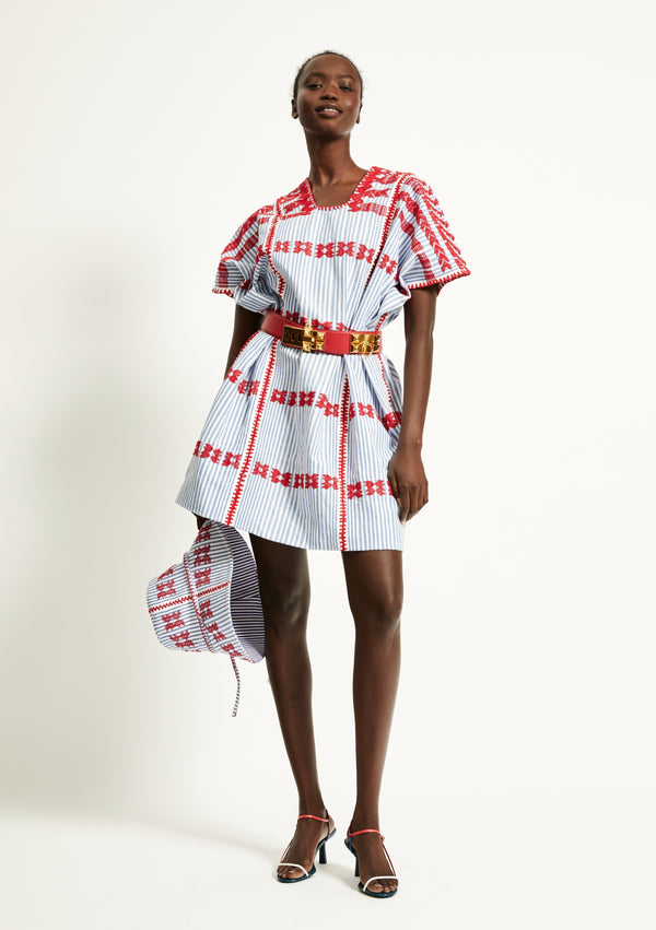 pippa holt Kaftan No.248 Three panel mini kaftan in white and blue stripe with red design