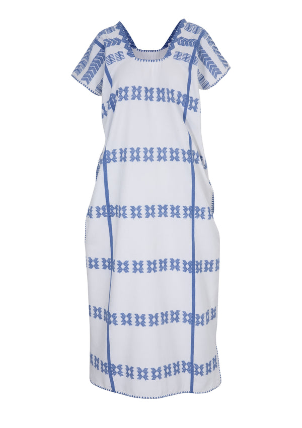Pippa Holt Kaftan No.249 Single Panel Midi Kaftan In White With Blue Design