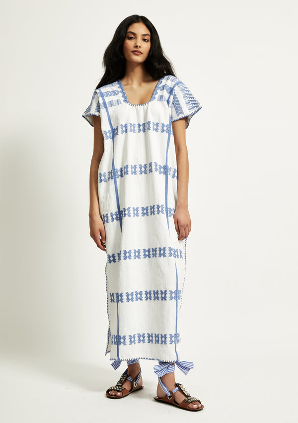pippa holt Kaftan No.249 Single panel midi kaftan in white with blue design