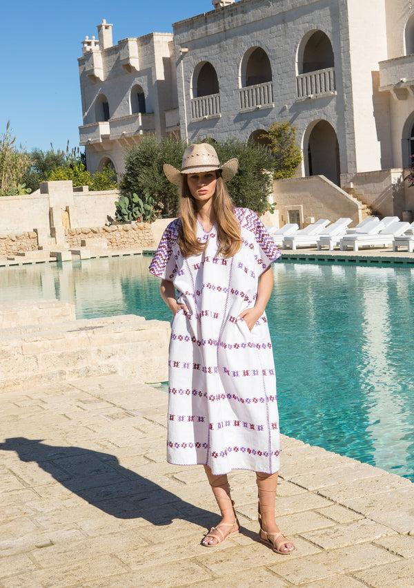 pippa holt Kaftan No.25 Three panel midi kaftan in white with purple design