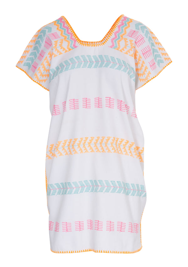 Pippa Holt Kaftan No.253 Single Panel 'supermini Kaftan In White With Neon Multicoulered Design